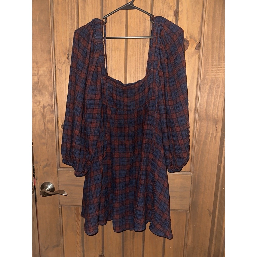Urban Outfitters Dress Plaid Babydoll Mini Red Navy Square Neck Balloon Sleeve M - Picture 1 of 7